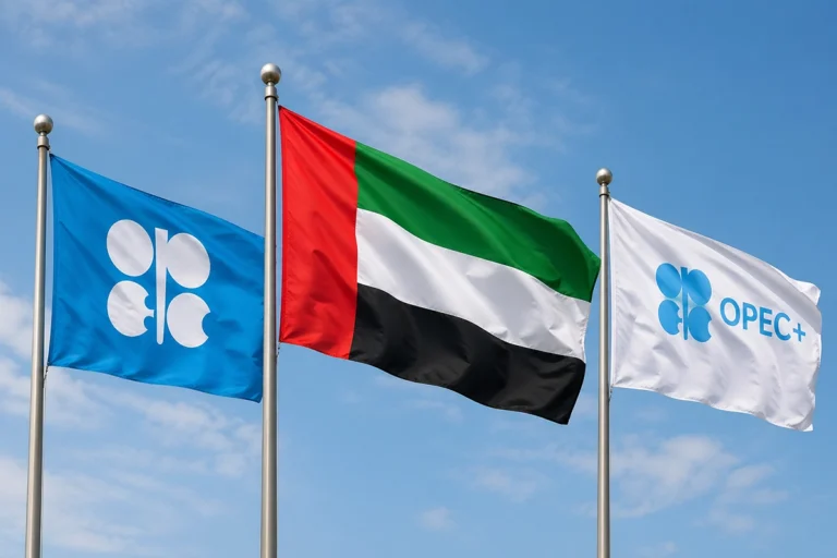 Three flags on flagpoles against a blue sky: left blue flag with the OPEC logo, center United Arab Emirates flag, right white OPEC+ flag.